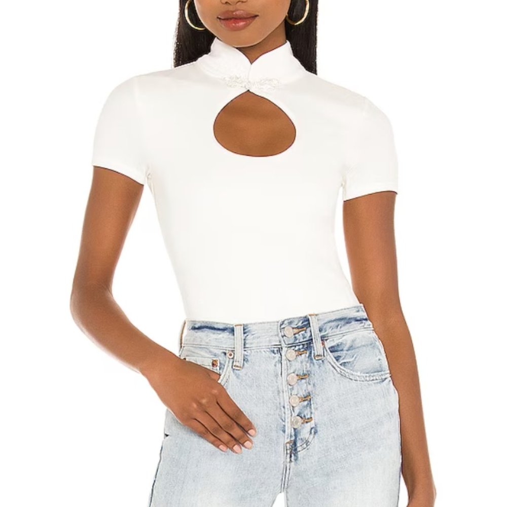 Lovers + Friends White Keyhole Mandarin Collar Top